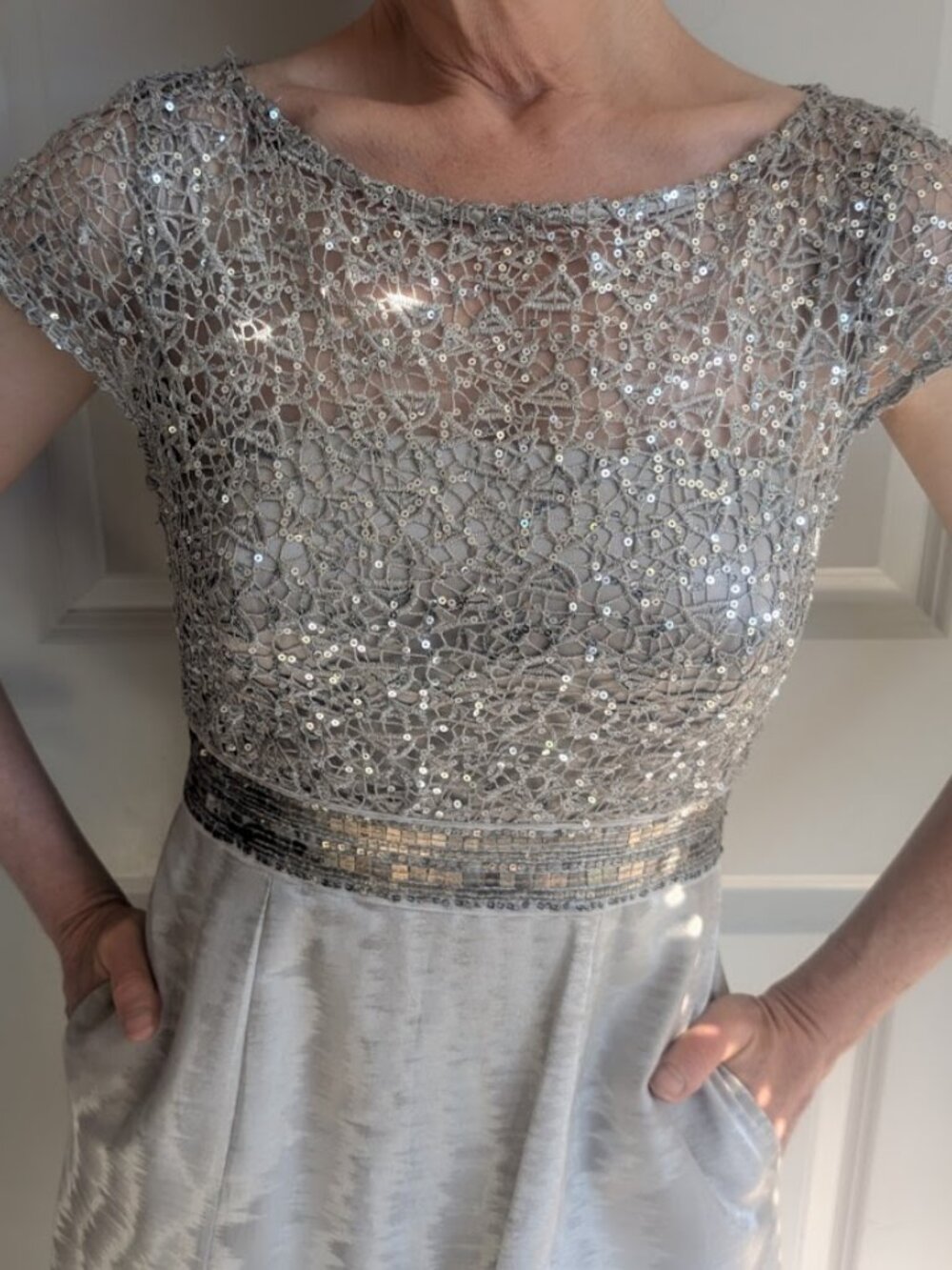 Sequined champagne dress for prom, weddings, parties. By Kay Unger.